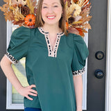 Puff Sleeve Blouse with Leopard Trim