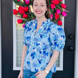 Blue Patchwork Puff-Sleeve Top