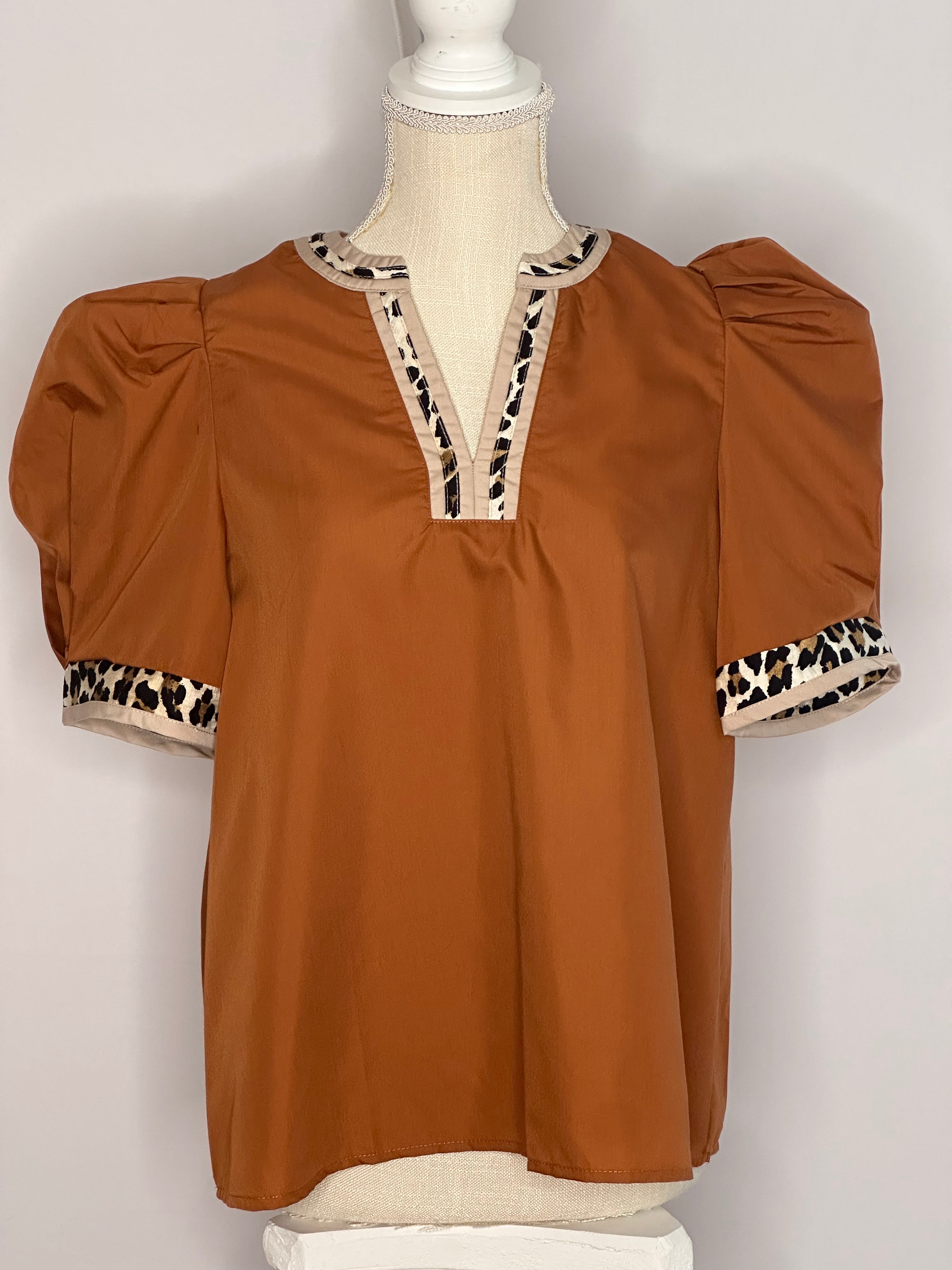 Puff Sleeve Blouse with Leopard Trim