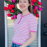 Striped Button-Neck Knit Top (Available in Blue & Pink)