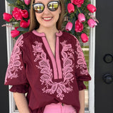 Willow Crest Embroidered Blouse - Burgundy and Rust
