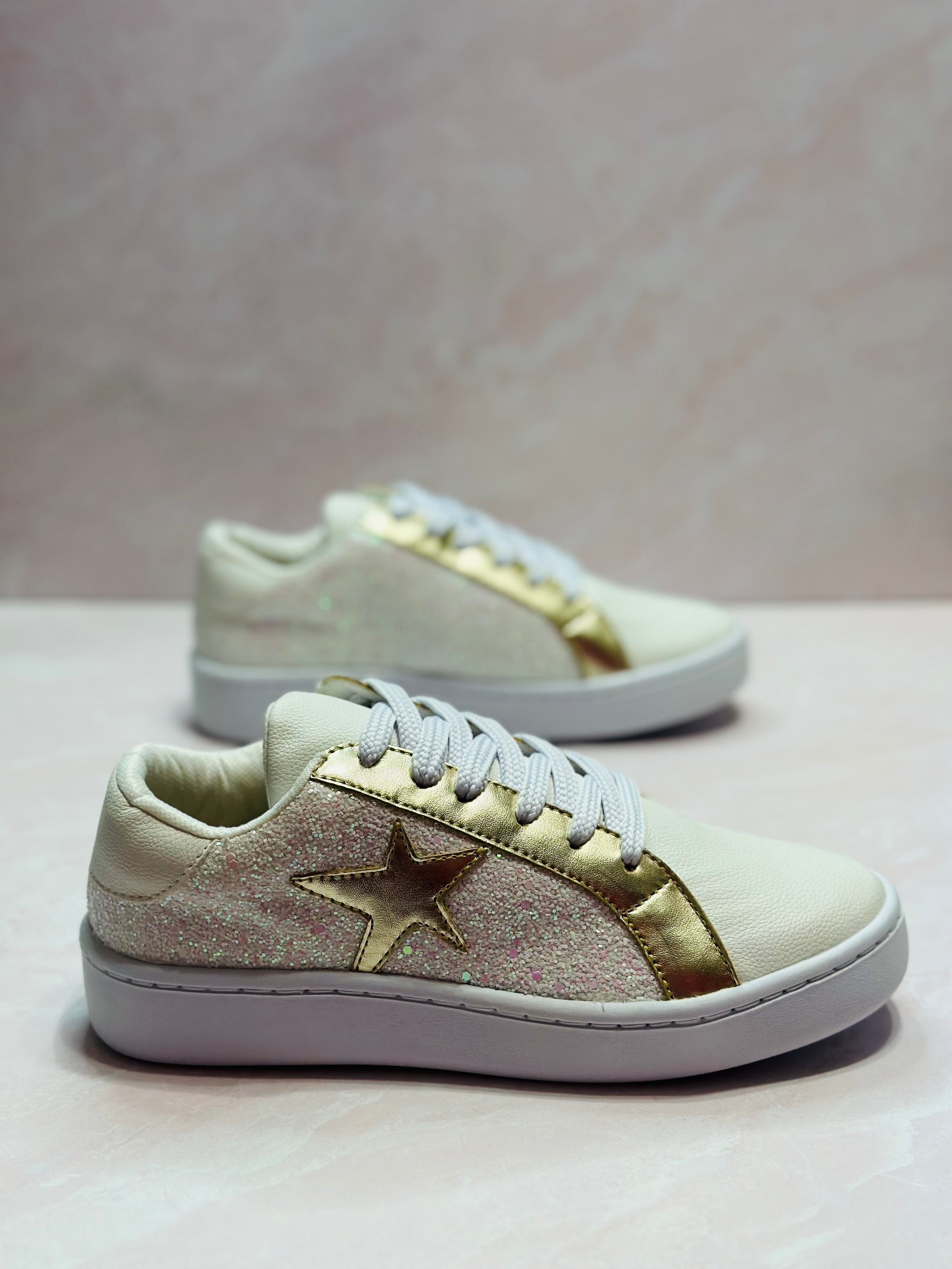 White gold star sneakers with glitter by Britt and Belle Boutique