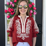 Willow Crest Embroidered Blouse - Burgundy and Rust