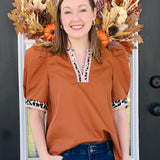 Puff Sleeve Blouse with Leopard Trim