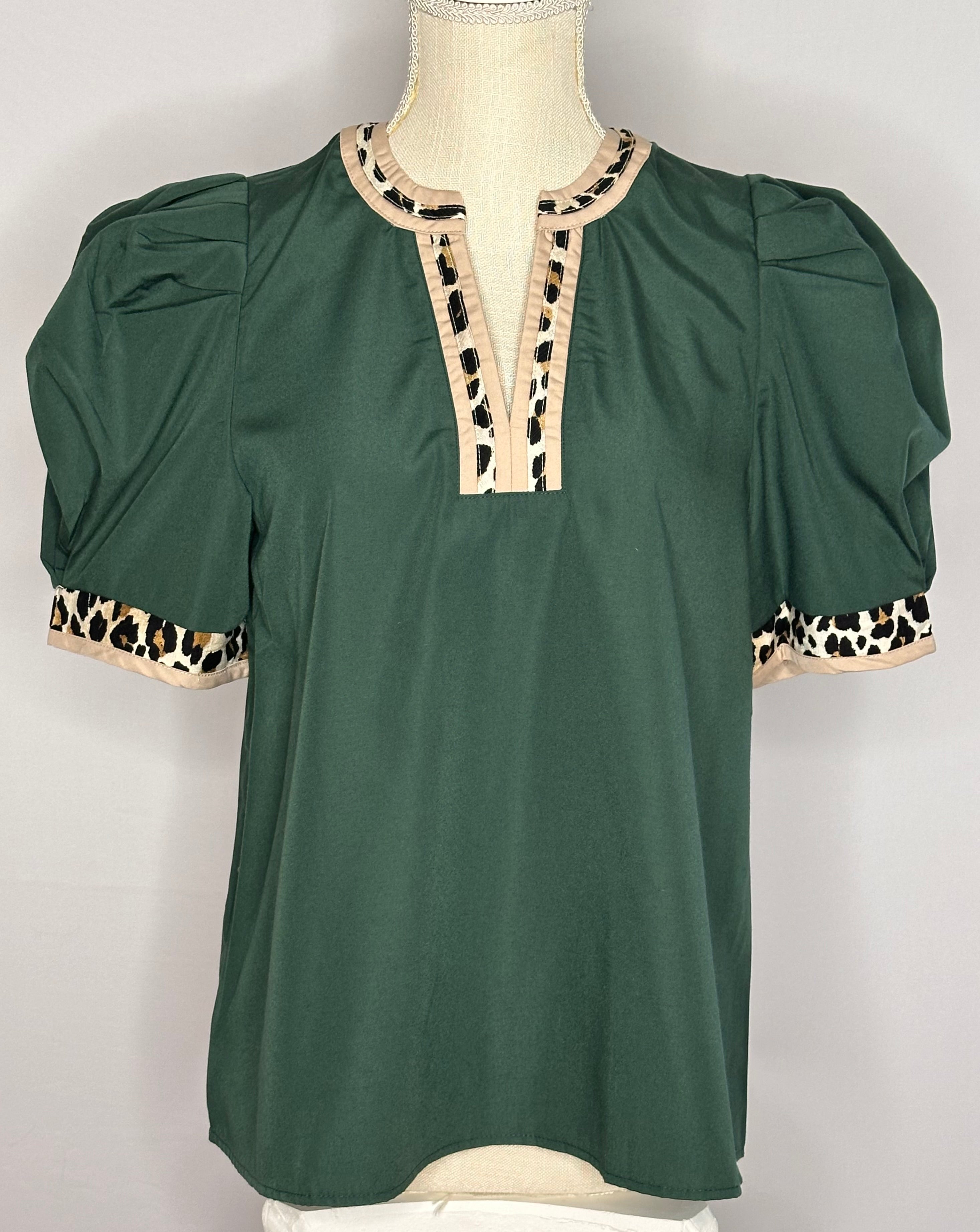 Puff Sleeve Blouse with Leopard Trim