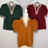 Puff Sleeve Blouse with Leopard Trim
