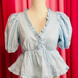 BLUE RUFFLED HEM TOP BY BRITT AND BELLE BOUTIQUE