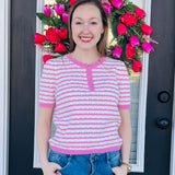Striped Button-Neck Knit Top (Available in Blue & Pink)