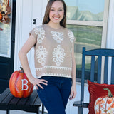 Taupe & White Floral Geo Knit Top