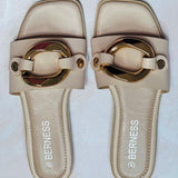 Neutral gold accent slide on sandals by Britt and Belle Boutique