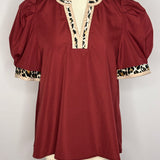 Puff Sleeve Blouse with Leopard Trim