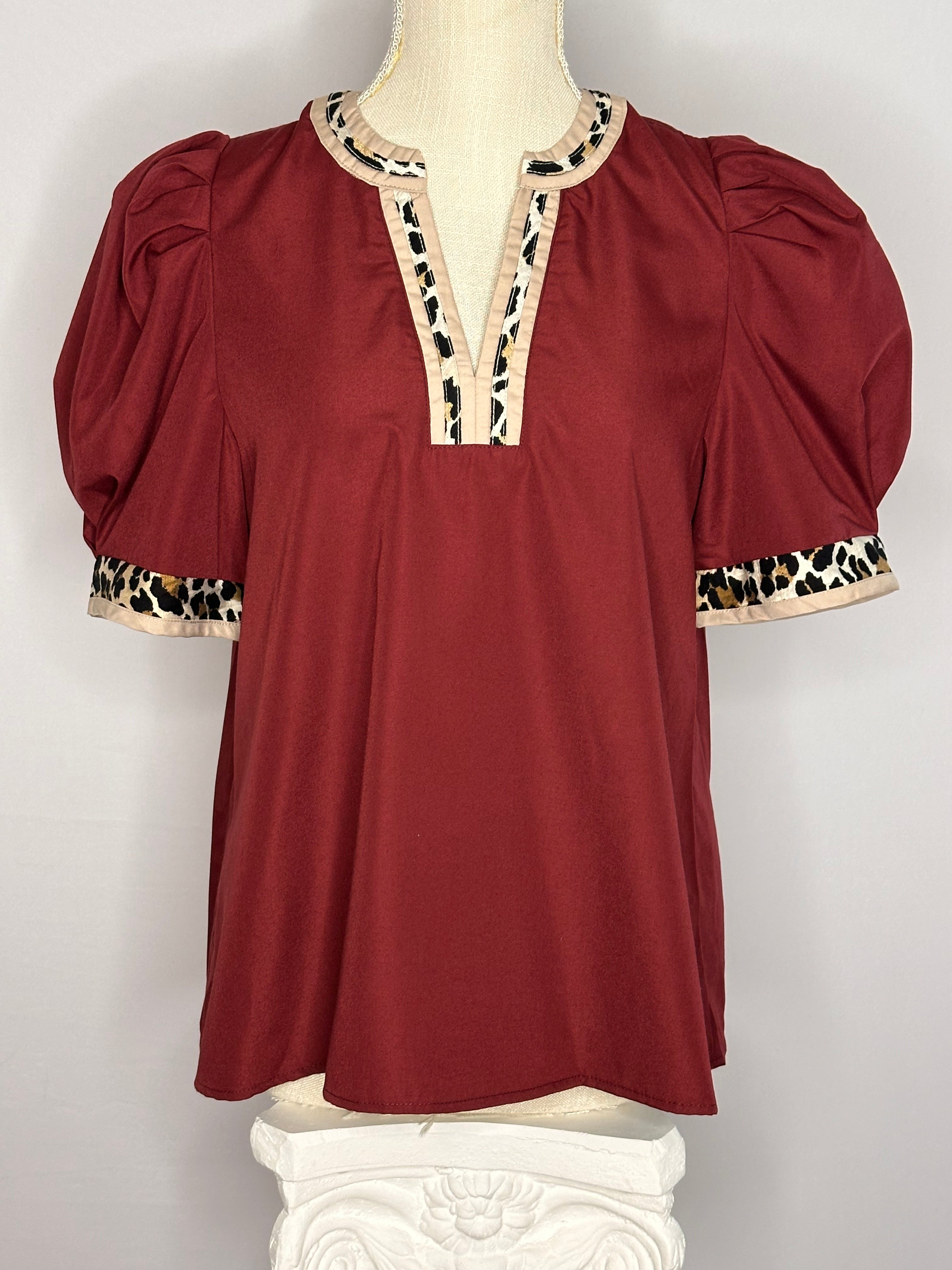 Puff Sleeve Blouse with Leopard Trim