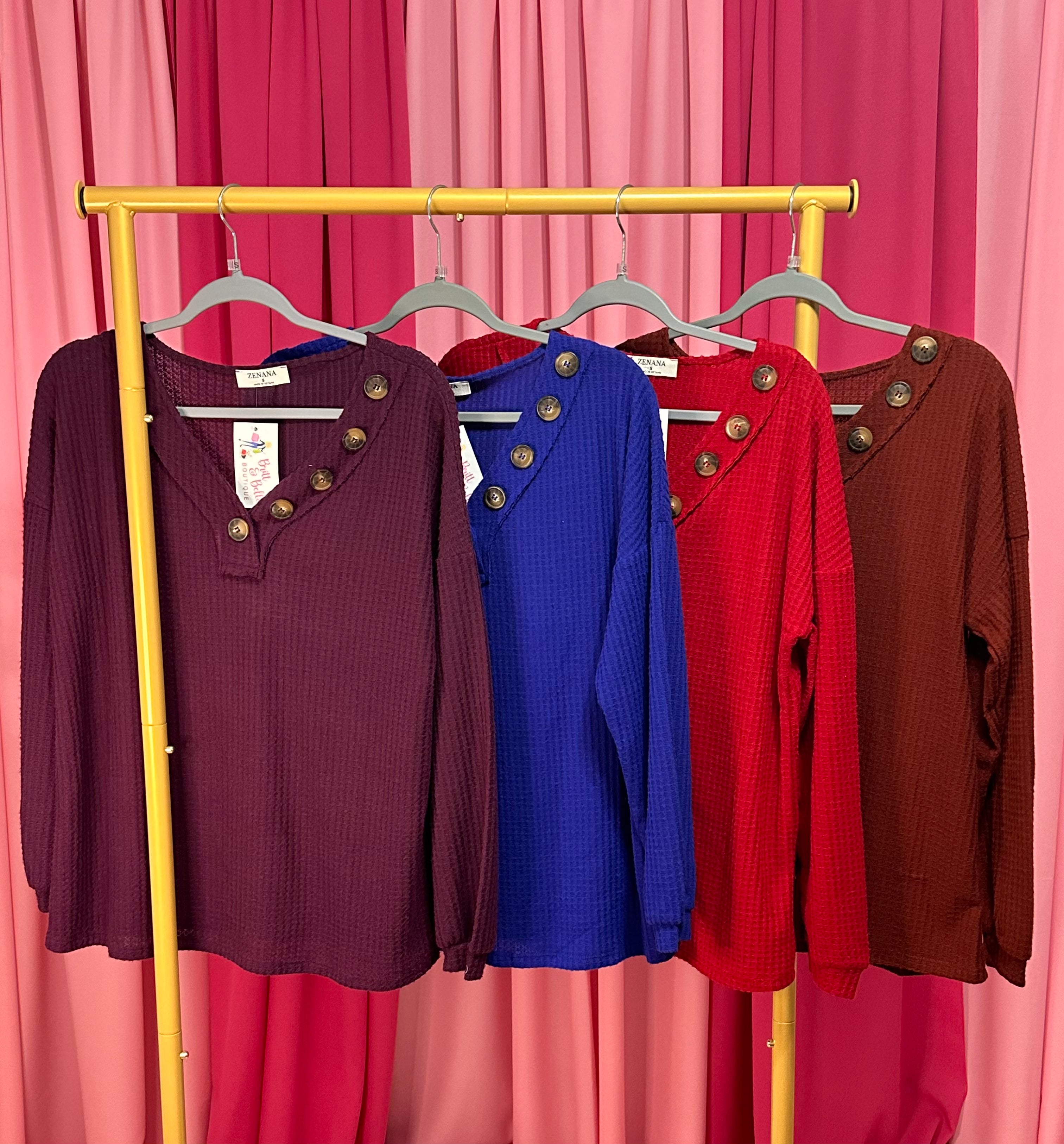 Brushed Waffle V-Neck Button Detail Tops in colors plum, blue, red, and rust