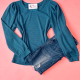 Teal Thermal Puff Sleeve Crew Neck Top