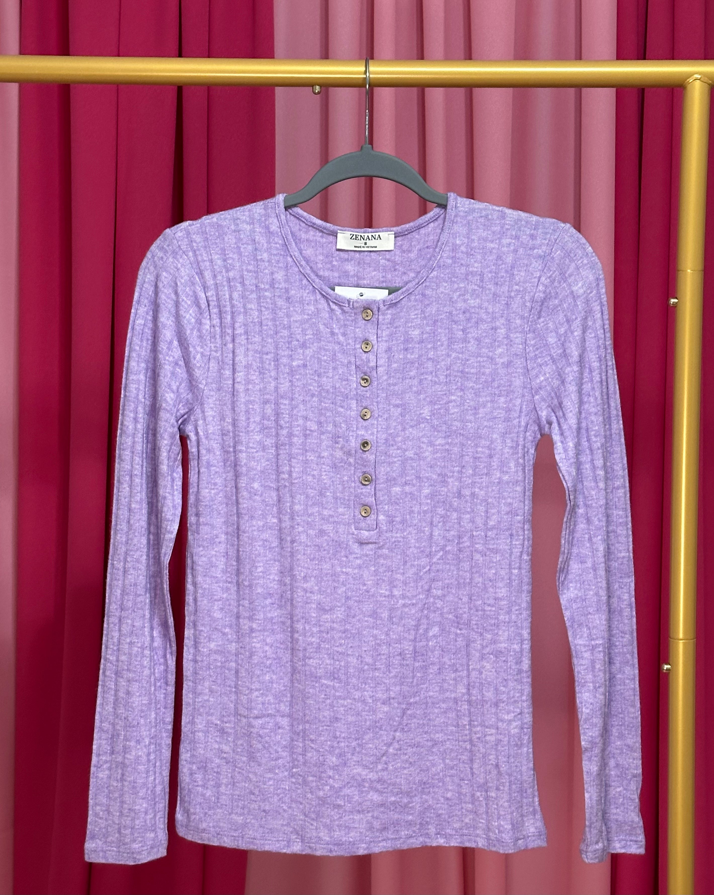 Ribbed Long Sleeve Button Down Top in Lavender