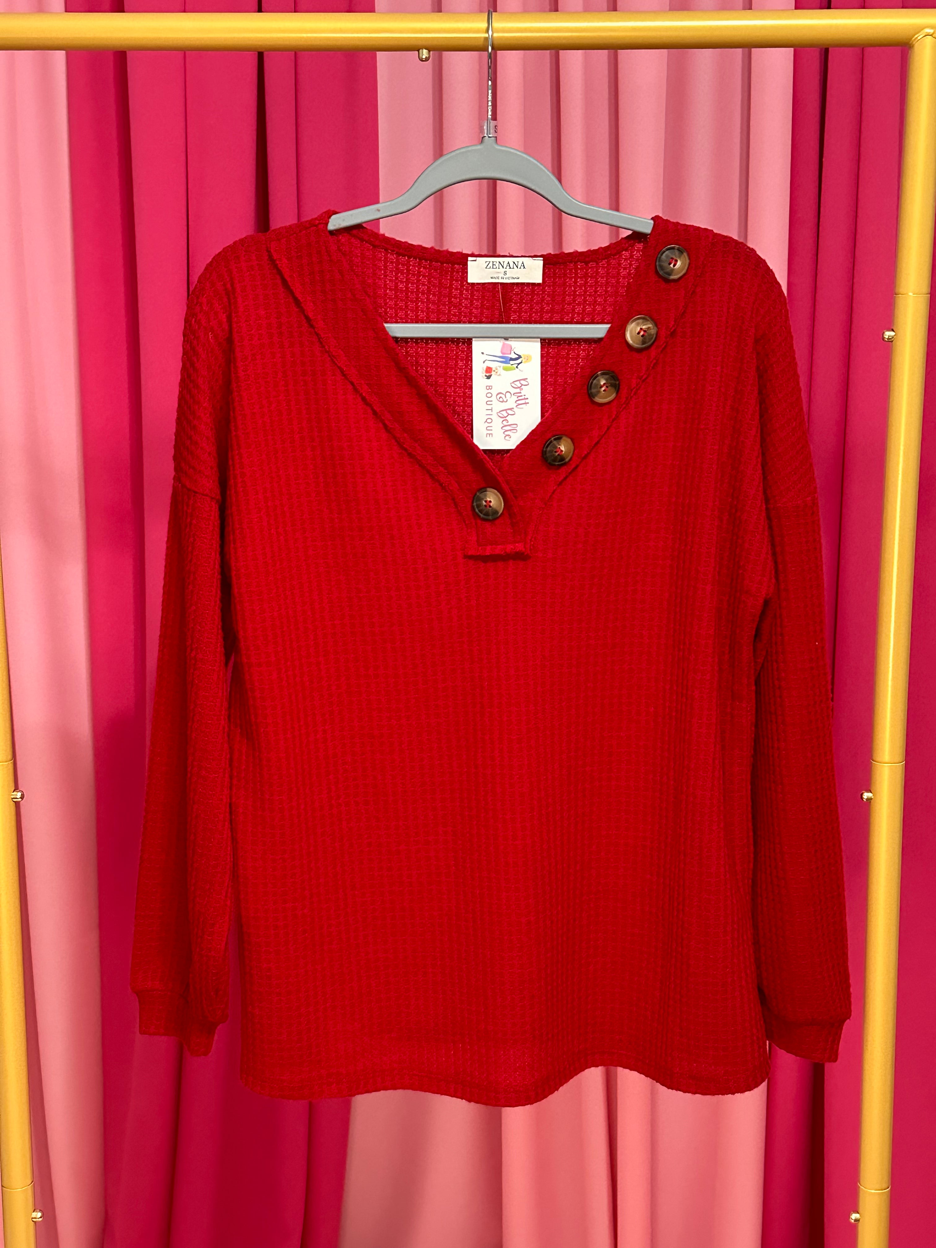 red waffle top with buttons