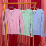 Ribbed Long Sleeve Button Down Tops in lavender, turquoise, and ocean blue