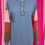 Blue Ribbed Top with Color Block Sleeves by Britt and Belle Boutique 