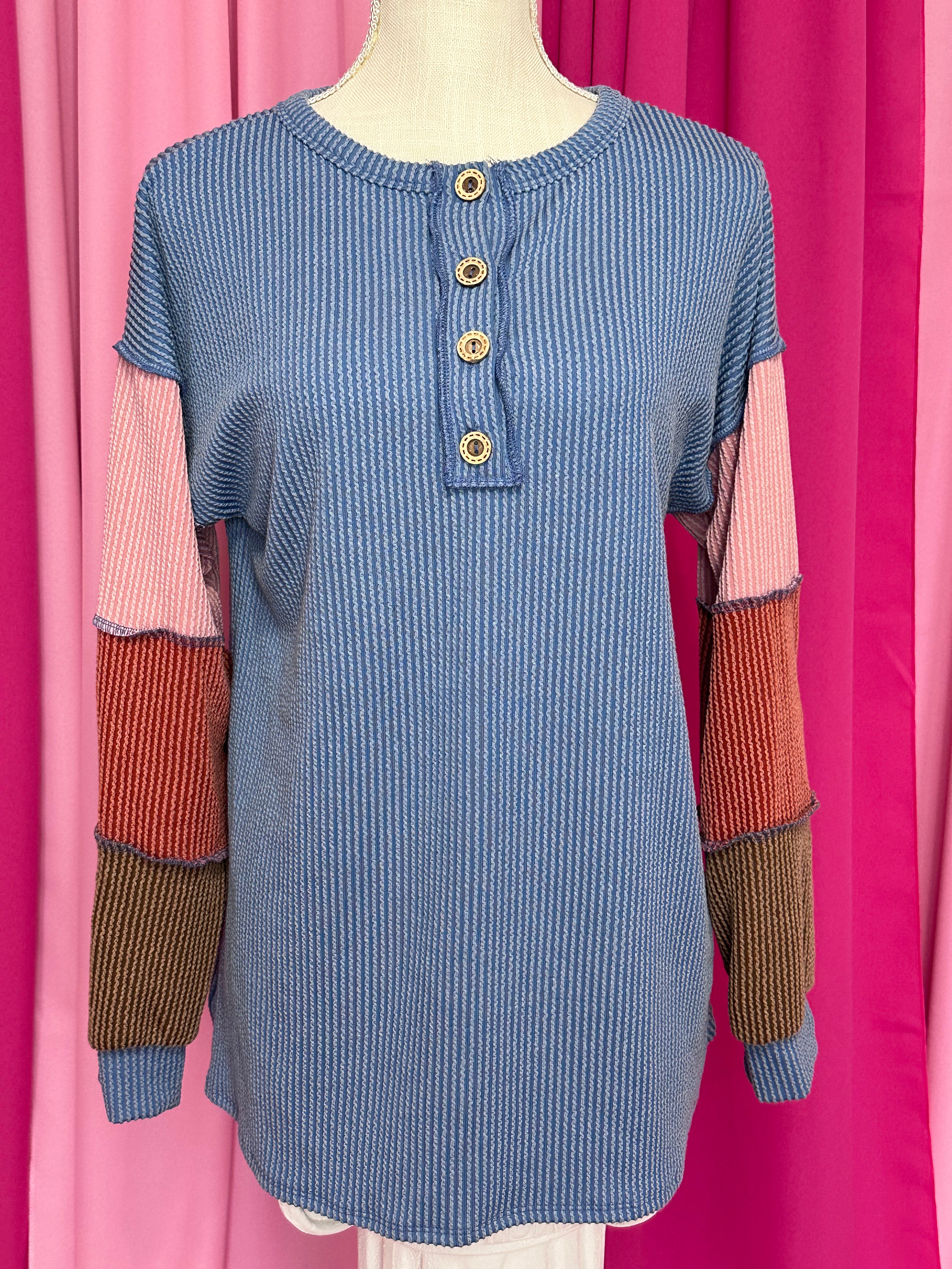 Blue Ribbed Top with Color Block Sleeves by Britt and Belle Boutique 