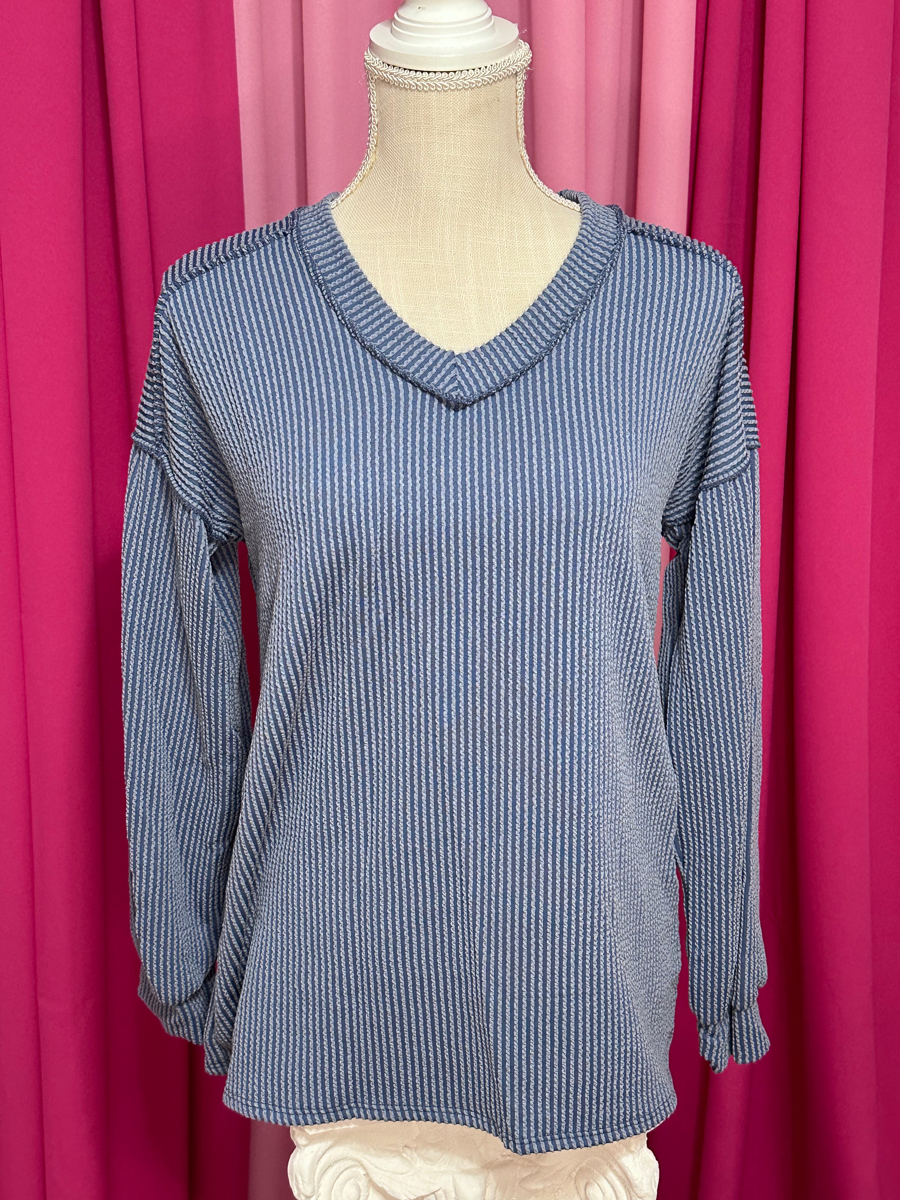 Vintage Denim Ribbed Long Sleeve Top