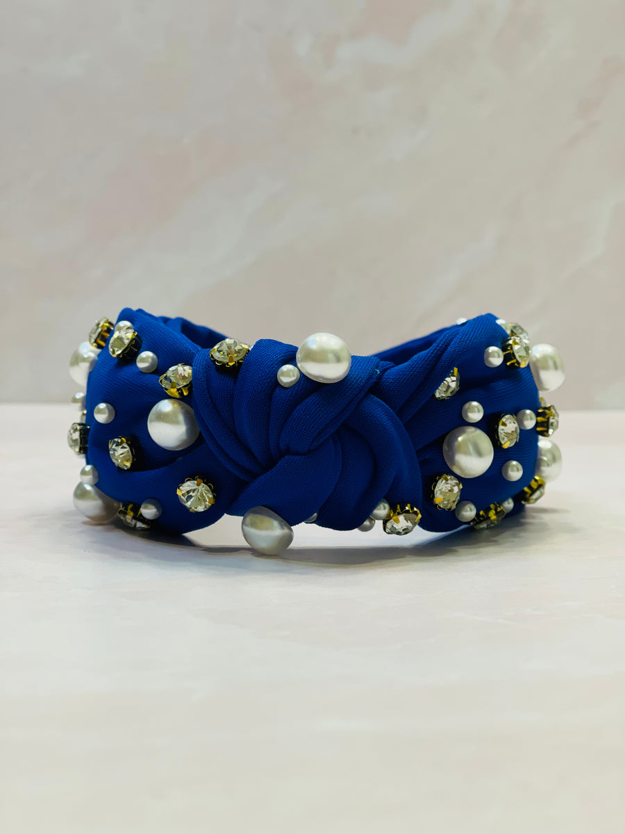 blue pearl and rhinestone headband