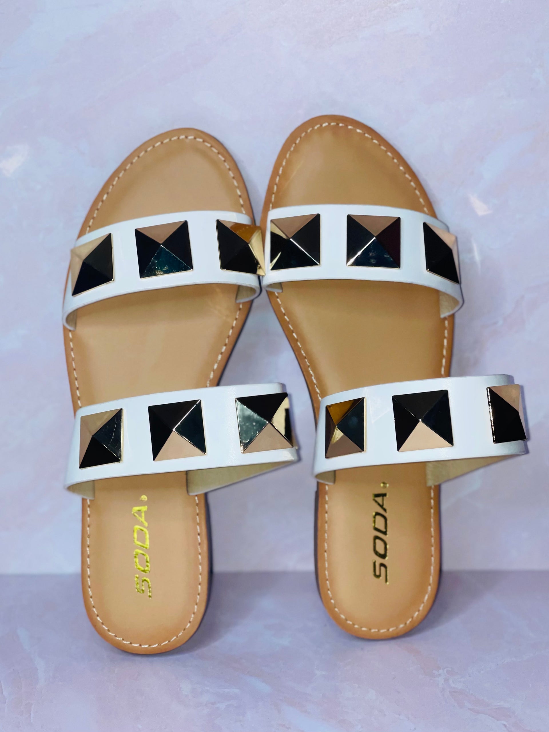 Gold Accent White Slip On Sandals